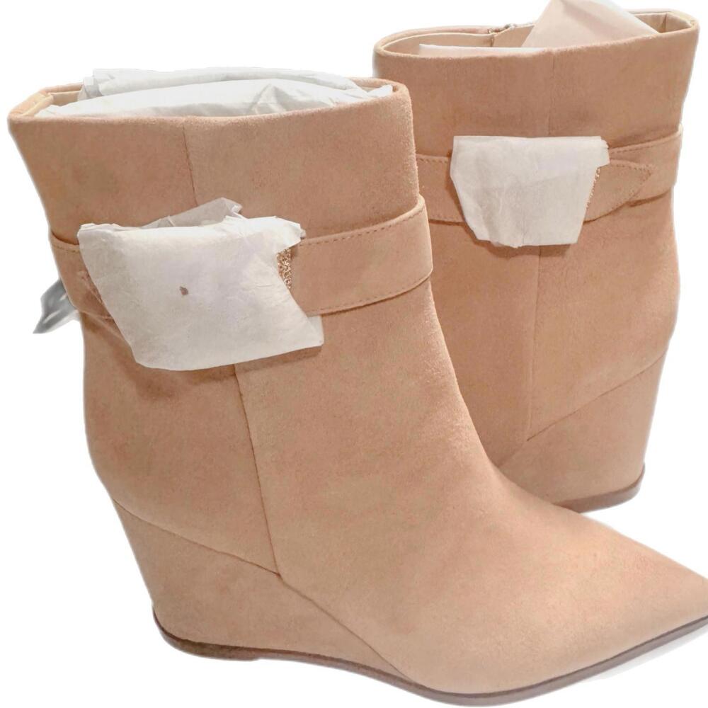 Sam Edelman Weslie Wedge Ankle Boots Womans 8.5 Beige Suede Gold Buckle Bootie - Picture 7 of 7